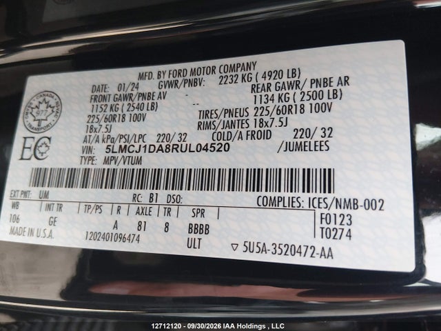 12712120 :رقم المزاد ، 5LMCJ1DA8RUL04520 vin ، 2024 Lincoln Corsair Premiere مزاد بيع