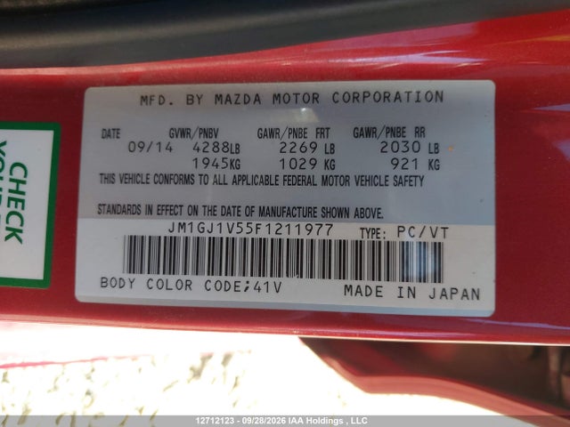12712123 :رقم المزاد ، JM1GJ1V55F1211977 vin ، 2015 Mazda Mazda6 Gs مزاد بيع