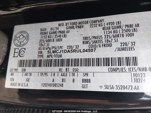 Auction sale of the 2024 Lincoln Corsair Premiere, vin: 5LMCJ1DA5RUL04507, lot number: 12712130