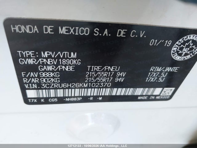 12712133 :رقم المزاد ، 3CZRU6H26KM102370 vin ، 2019 Honda Hr-v Sport مزاد بيع