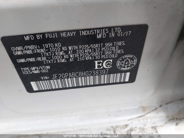 12712139 :رقم المزاد ، JF2GPABC8HG238397 vin ، 2017 Subaru Crosstrek Sport مزاد بيع