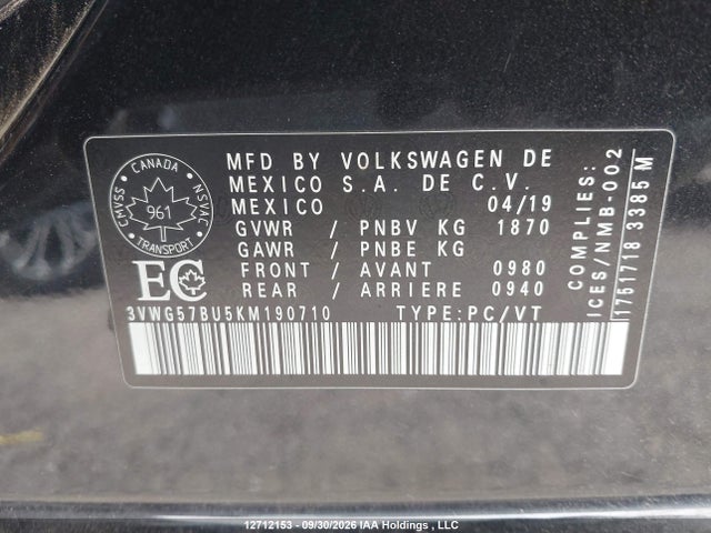 2019 Volkswagen Jetta 1.4 Tsi Execline მანქანა იყიდება აუქციონზე, vin: 3VWG57BU5KM190710, აუქციონის ნომერი: 12712153