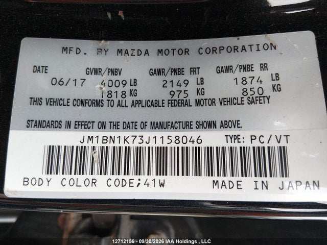 12712156 :رقم المزاد ، JM1BN1K73J1158046 vin ، 2018 Mazda Mazda3 Gx مزاد بيع