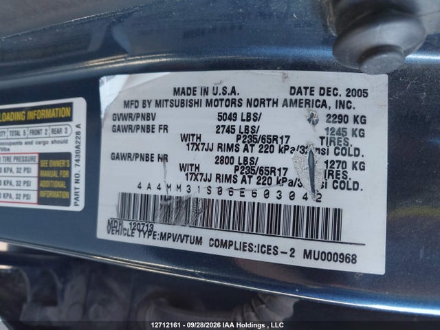 2006 Mitsubishi Endeavor Ls მანქანა იყიდება აუქციონზე, vin: 4A4MM31S06E603042, აუქციონის ნომერი: 12712161