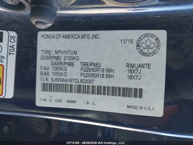 Продаж на аукціоні авто 2016 Honda Cr-v Touring, vin: 5J6RM4H97GL802067, номер лоту: 12712165