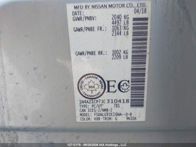 12712179 :رقم المزاد ، 1N4AZ1CP7JC310418 vin ، 2018 Nissan Leaf S/sl/sv مزاد بيع