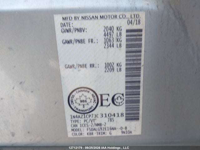 12712179 :رقم المزاد ، 1N4AZ1CP7JC310418 vin ، 2018 Nissan Leaf S/sl/sv مزاد بيع