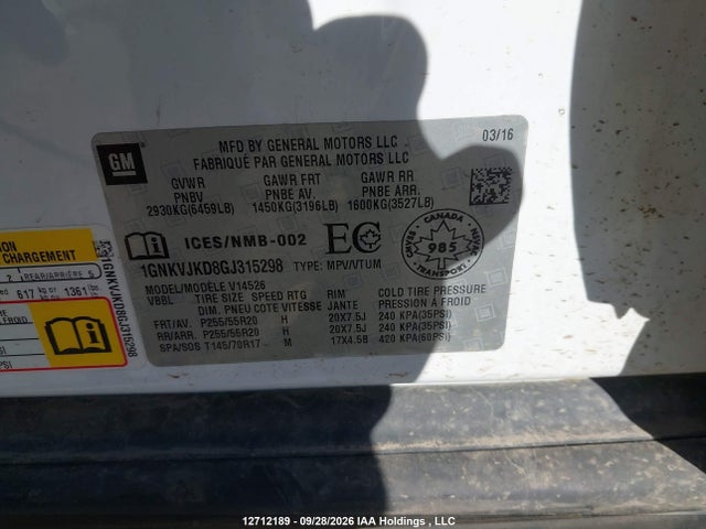 12712189 :رقم المزاد ، 1GNKVJKD8GJ315298 vin ، 2016 Chevrolet Traverse Ltz مزاد بيع