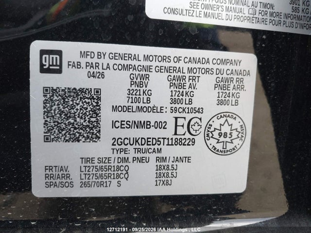 Aukcja sprzedaży 2026 Chevrolet Silverado K1500 Lt, vin: 2GCUKDED5T1188229, numer aukcji: 12712191