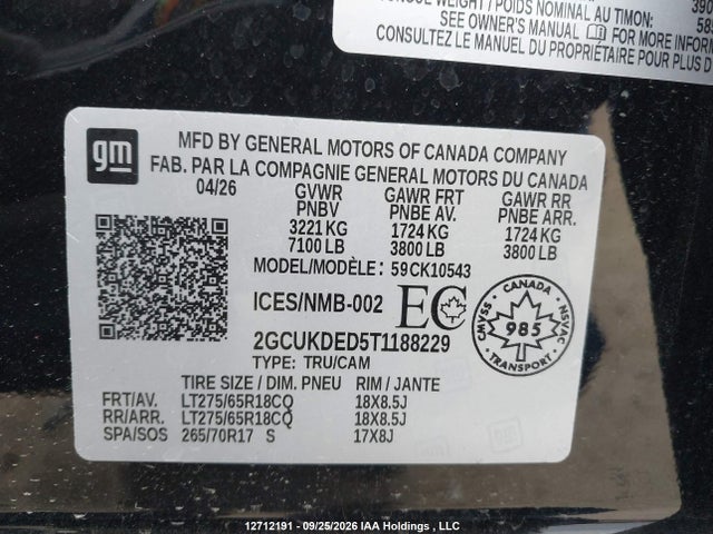 Aukcja sprzedaży 2026 Chevrolet Silverado K1500 Lt, vin: 2GCUKDED5T1188229, numer aukcji: 12712191