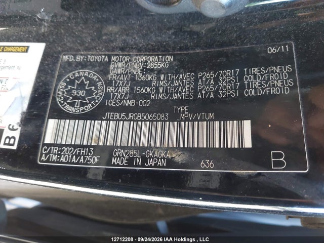 2011 Toyota 4runner მანქანა იყიდება აუქციონზე, vin: JTEBU5JR0B5065083, აუქციონის ნომერი: 12712208