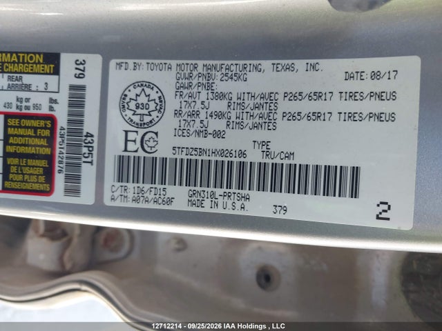 5TFDZ5BN1HX026106 Toyota Tacoma Dbl Cab/sr5/trd Sport/or