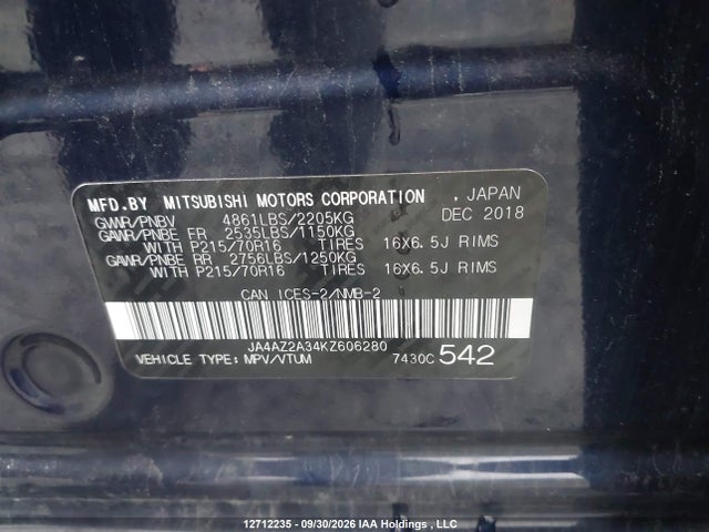 2019 Mitsubishi Outlander Es მანქანა იყიდება აუქციონზე, vin: JA4AZ2A34KZ606280, აუქციონის ნომერი: 12712235