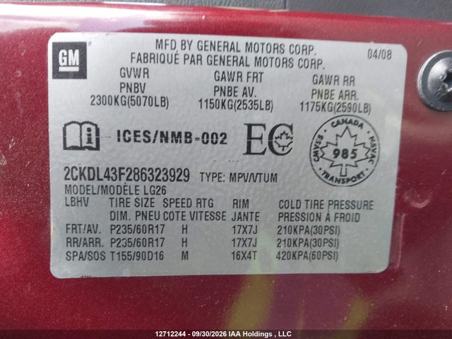 12712244 :رقم المزاد ، 2CKDL43F286323929 vin ، 2008 Pontiac Torrent مزاد بيع