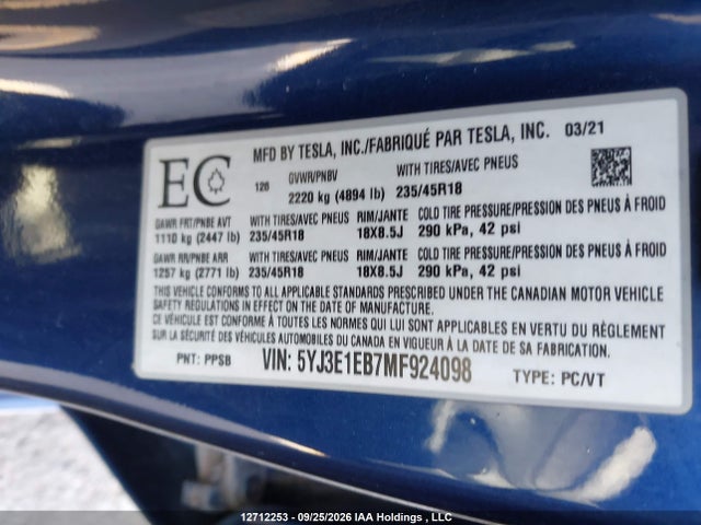 Tesla MODEL 3 2021 5YJ3E1EB7MF924098 Image 19