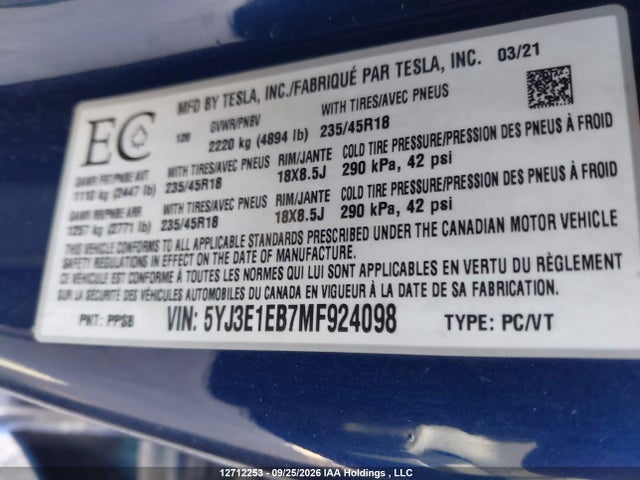 Tesla MODEL 3 2021 5YJ3E1EB7MF924098 Image 9