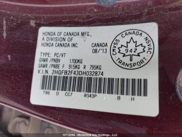 Aukcja sprzedaży 2013 Honda Civic Lx, vin: 2HGFB2F43DH032874, numer aukcji: 12712254