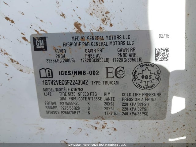 12712269 :رقم المزاد ، 1GTV2VEC6FZ243042 vin ، 2015 Gmc Sierra 1500 Slt مزاد بيع