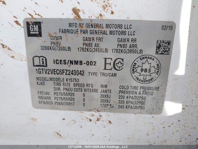 12712269 :رقم المزاد ، 1GTV2VEC6FZ243042 vin ، 2015 Gmc Sierra 1500 Slt مزاد بيع