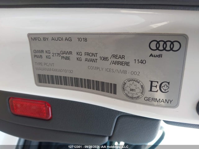 12712301 :رقم المزاد ، WAUANAF4XKA010132 vin ، 2019 Audi A4 Komfort مزاد بيع