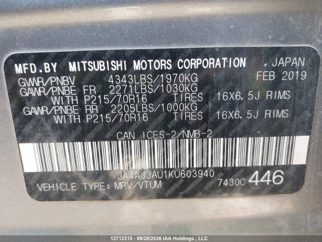 Aukcja sprzedaży 2019 Mitsubishi Rvr Se, vin: JA4AJ3AU1KU603940, numer aukcji: 12712315