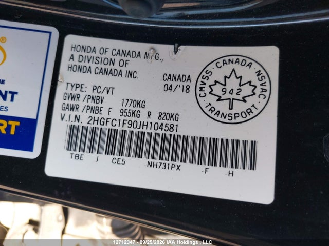 Honda Civic Touring 2018 2HGFC1F90JH104581 Image 9