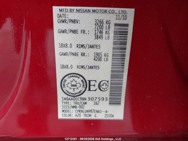 Продаж на аукціоні авто 2011 Nissan Titan S/sv/sl/pro-4x, vin: 1N6AA0EC9BN307593, номер лоту: 12712351