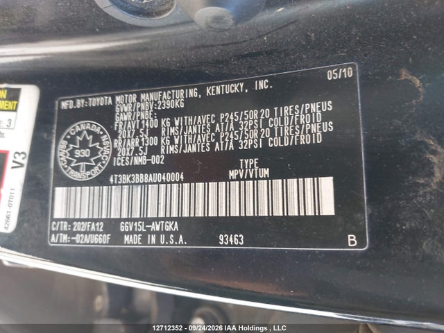 Aukcja sprzedaży 2010 Toyota Venza, vin: 4T3BK3BB8AU040004, numer aukcji: 12712352