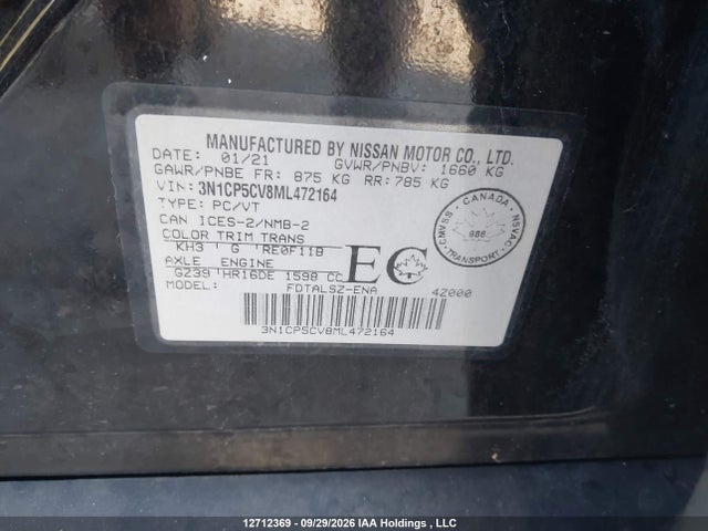Продажа на аукционе авто 2021 Nissan Kicks Sv, vin: 3N1CP5CV8ML472164, номер лота: 12712369