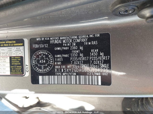 12712372 :رقم المزاد ، 5XYZGDAG6CG134225 vin ، 2012 Hyundai Santa Fe Gls مزاد بيع
