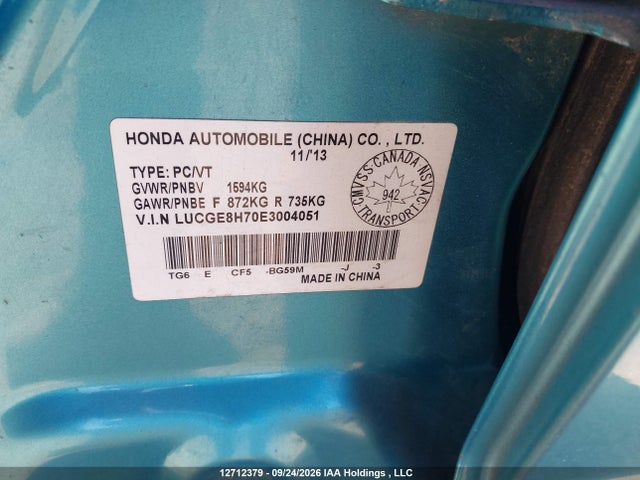 2014 Honda Fit Sport მანქანა იყიდება აუქციონზე, vin: LUCGE8H70E3004051, აუქციონის ნომერი: 12712379