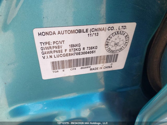 2014 Honda Fit Sport მანქანა იყიდება აუქციონზე, vin: LUCGE8H70E3004051, აუქციონის ნომერი: 12712379