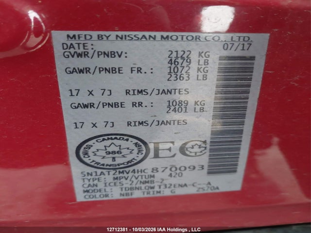 12712381 :رقم المزاد ، 5N1AT2MV4HC870093 vin ، 2017 Nissan Rogue S/sl Platinum/sv مزاد بيع