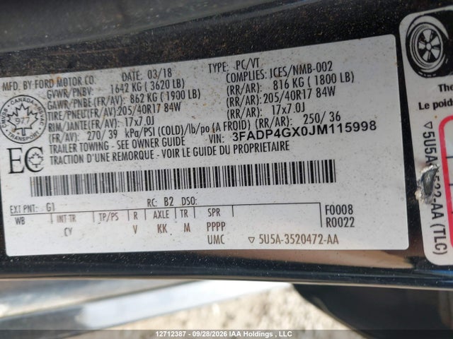 12712387 :رقم المزاد ، 3FADP4GX0JM115998 vin ، 2018 Ford Fiesta St مزاد بيع