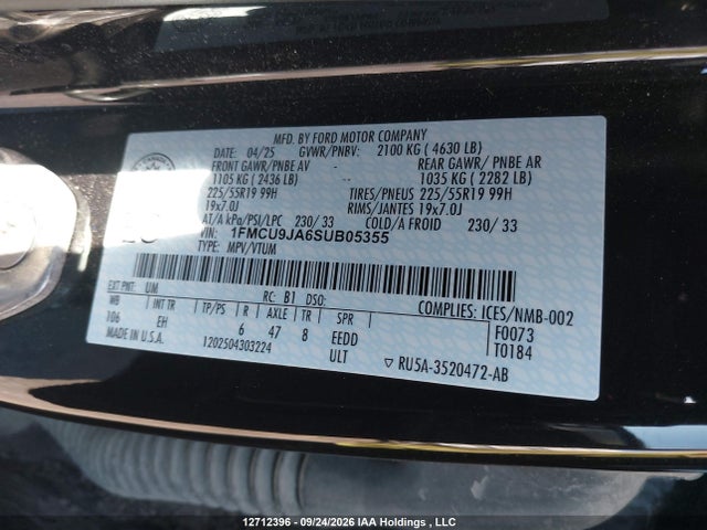 2025 Ford Escape Platinum მანქანა იყიდება აუქციონზე, vin: 1FMCU9JA6SUB05355, აუქციონის ნომერი: 12712396