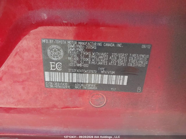 12712431 :رقم المزاد ، 2T3ZF4DV7CW137679 vin ، 2012 Toyota Rav4 مزاد بيع