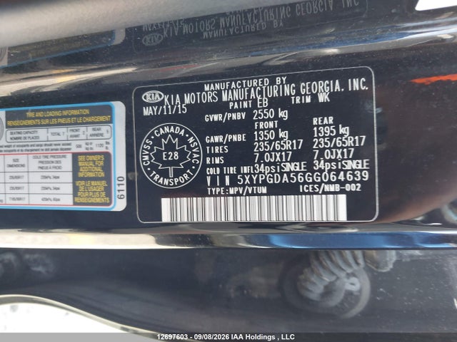 5XYPGDA56GG064639 KIA Sorento 3.3l Lx +