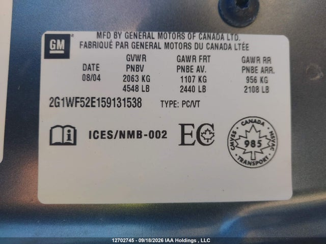 2005 Chevrolet Impala მანქანა იყიდება აუქციონზე, vin: 2G1WF52E159131538, აუქციონის ნომერი: 12702745