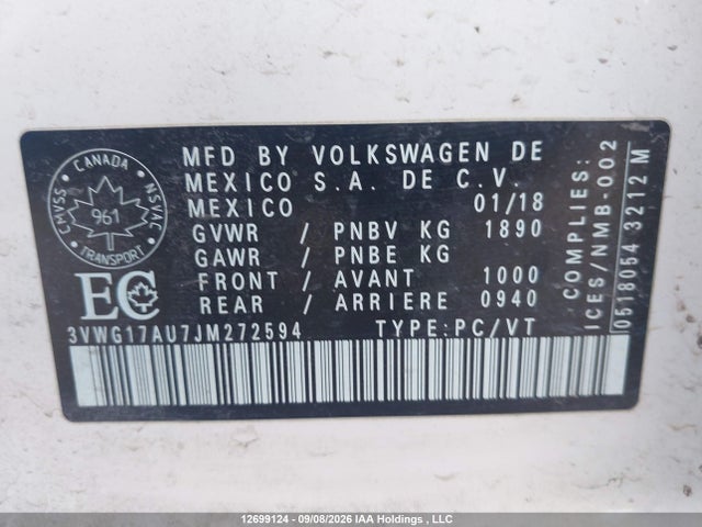 Продаж на аукціоні авто 2018 Volkswagen Golf 1.8 Tsi Highline/1.8 Tsi Trendline/comfortline, vin: 3VWG17AU7JM272594, номер лоту: 12699124