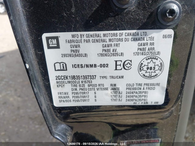Aukcja sprzedaży 2005 Chevrolet Silverado 1500 Ls/lt, vin: 2GCEK19B351397337, numer aukcji: 12686178