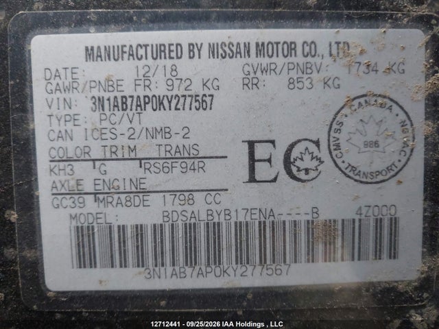 3N1AB7AP0KY277567 Nissan Sentra S/sv/sr/sl