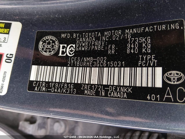 12712458 :رقم المزاد ، 2T1BURHE3GC615031 vin ، 2016 Toyota Corolla L/le/le Pls/prm/s/s Pls مزاد بيع