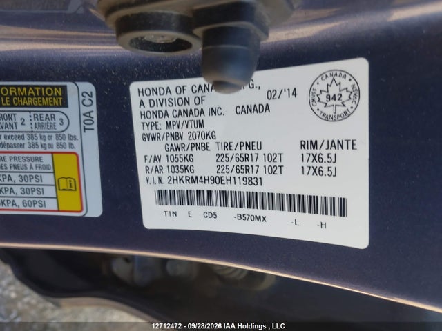 12712472 :رقم المزاد ، 2HKRM4H90EH119831 vin ، 2014 Honda Cr-v Touring مزاد بيع