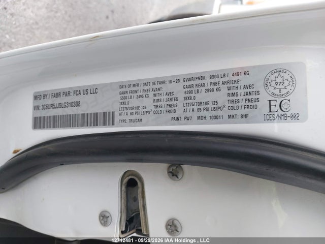 12712481 :رقم المزاد ، 3C6UR5JJ5LG310308 vin ، 2020 Ram 2500 Big Horn مزاد بيع