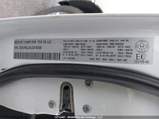 12712481 :رقم المزاد ، 3C6UR5JJ5LG310308 vin ، 2020 Ram 2500 Big Horn مزاد بيع