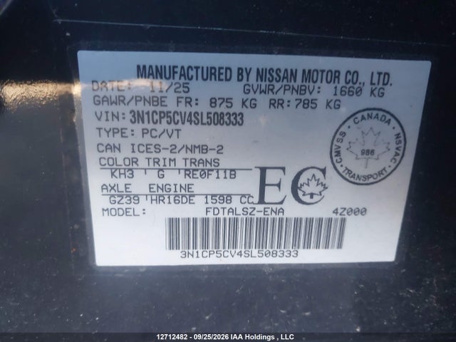 Продажа на аукционе авто 2025 Nissan Kicks Play Sv, vin: 3N1CP5CV1SL508533, номер лота: 12712482