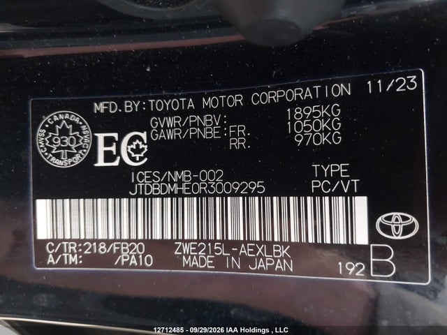 12712485 :رقم المزاد ، JTDBDMHE0R3009295 vin ، 2024 Toyota Corolla Le/se/night Shade مزاد بيع