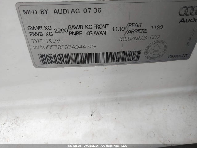 Aukcja sprzedaży 2007 Audi A4 2.0t Quattro, vin: WAUDF78E87A044726, numer aukcji: 12712508