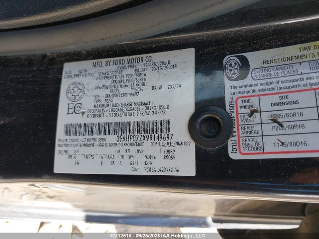 Aukcja sprzedaży 2009 Ford Fusion Se, vin: 3FAHP07ZX9R149697, numer aukcji: 12712518