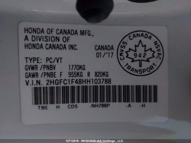 12712519 :رقم المزاد ، 2HGFC1F48HH103788 vin ، 2017 Honda Civic Ex-t مزاد بيع